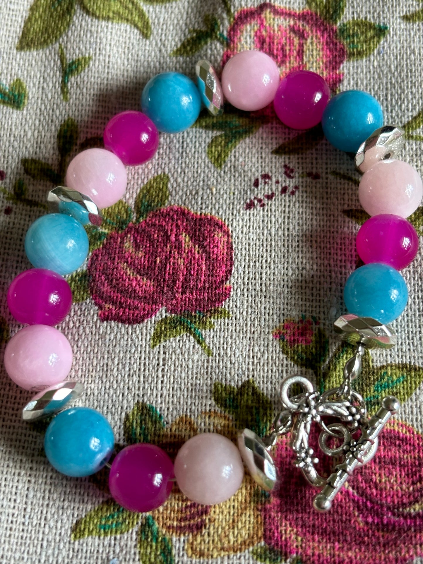 Fuchsia, Turquoise, & Natural Pink Jade Bracelet