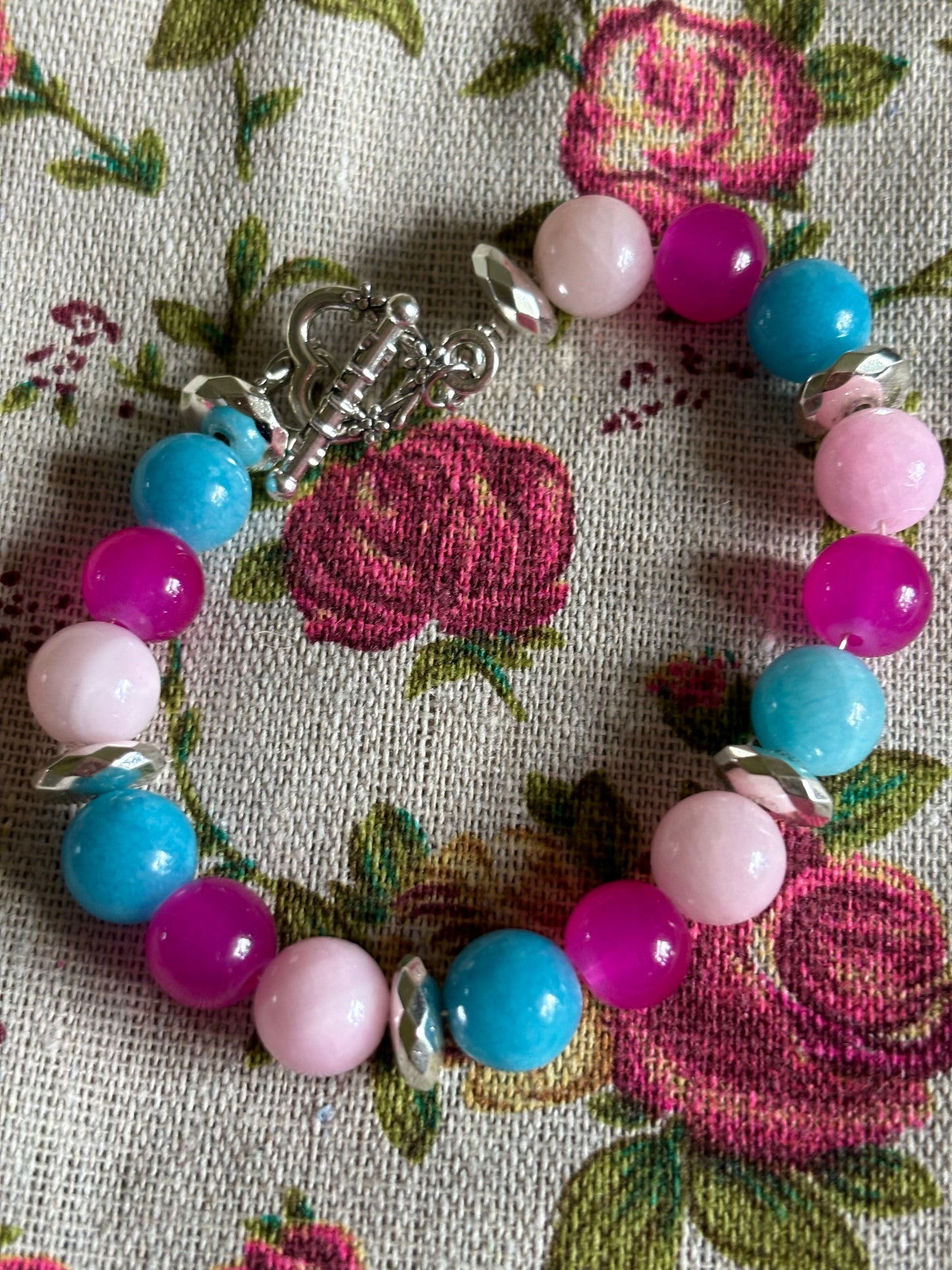 Fuchsia, Turquoise, & Natural Pink Jade Bracelet